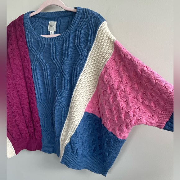 Anthropologie Maeve Colorblock Cable Knit Sweater Oversized Pink Blue Burgundy - Picture 7 of 11